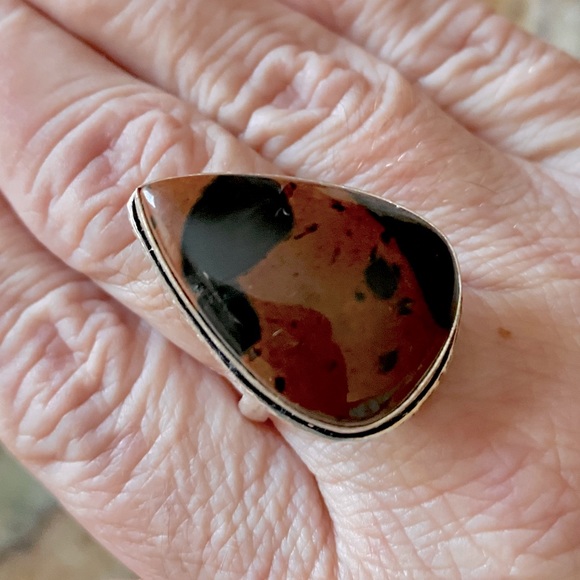 Mahogany Obsidian Gemstone Ring, Stamped .925 Sterling Silver over Brass. - Picture 2 of 9